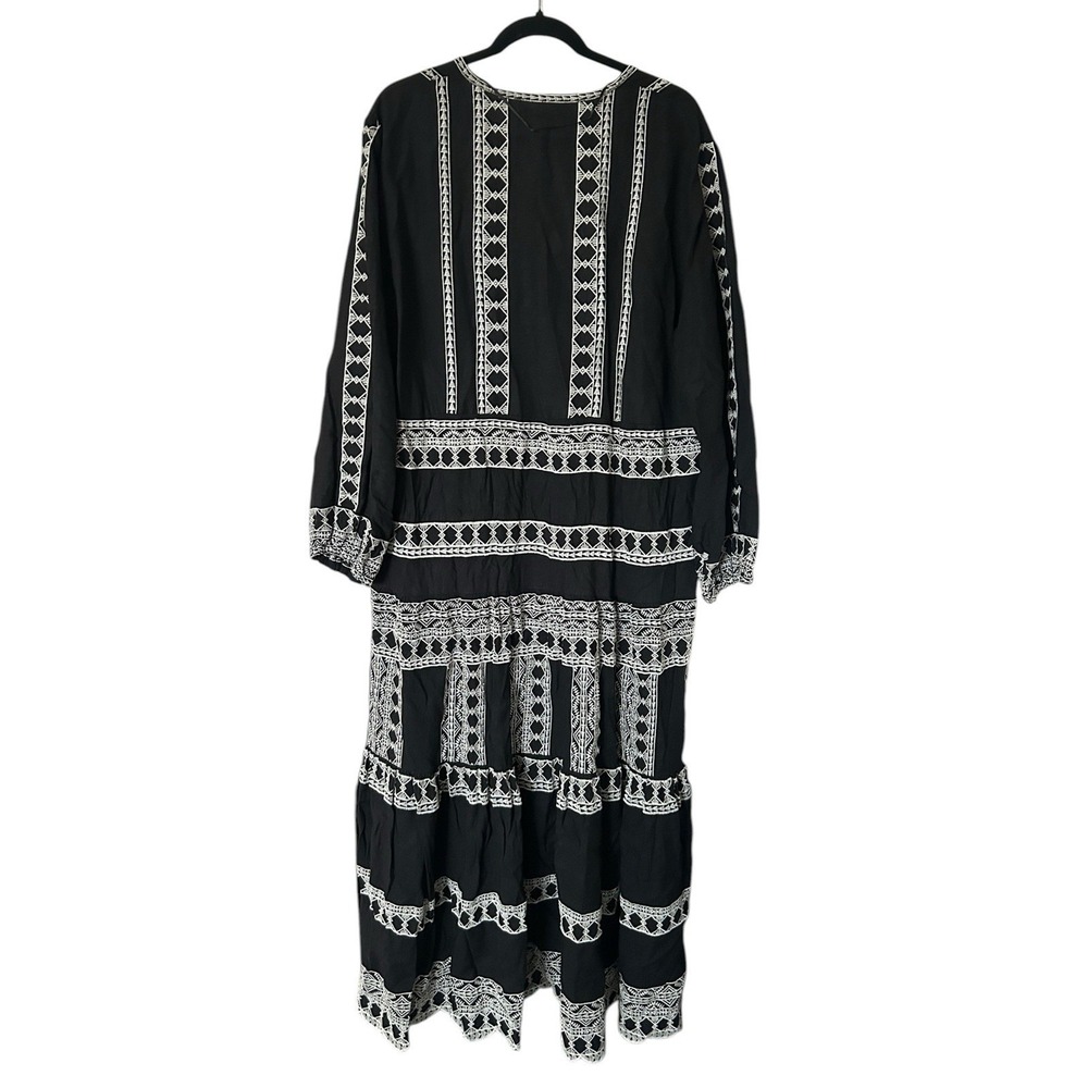 NEW Zara Midi Dress Black Embroidered Linen Blend Tiered Long Sleeve 2XL Boho - Picture 4 of 14